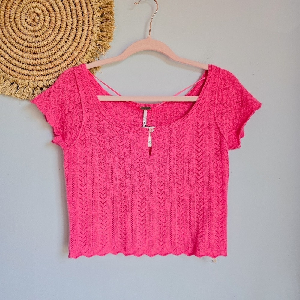 Free People NEW Hera Pink Cashmere Pointelle Short Sleeve Crop Sweater SZ Small - Picture 10 of 10